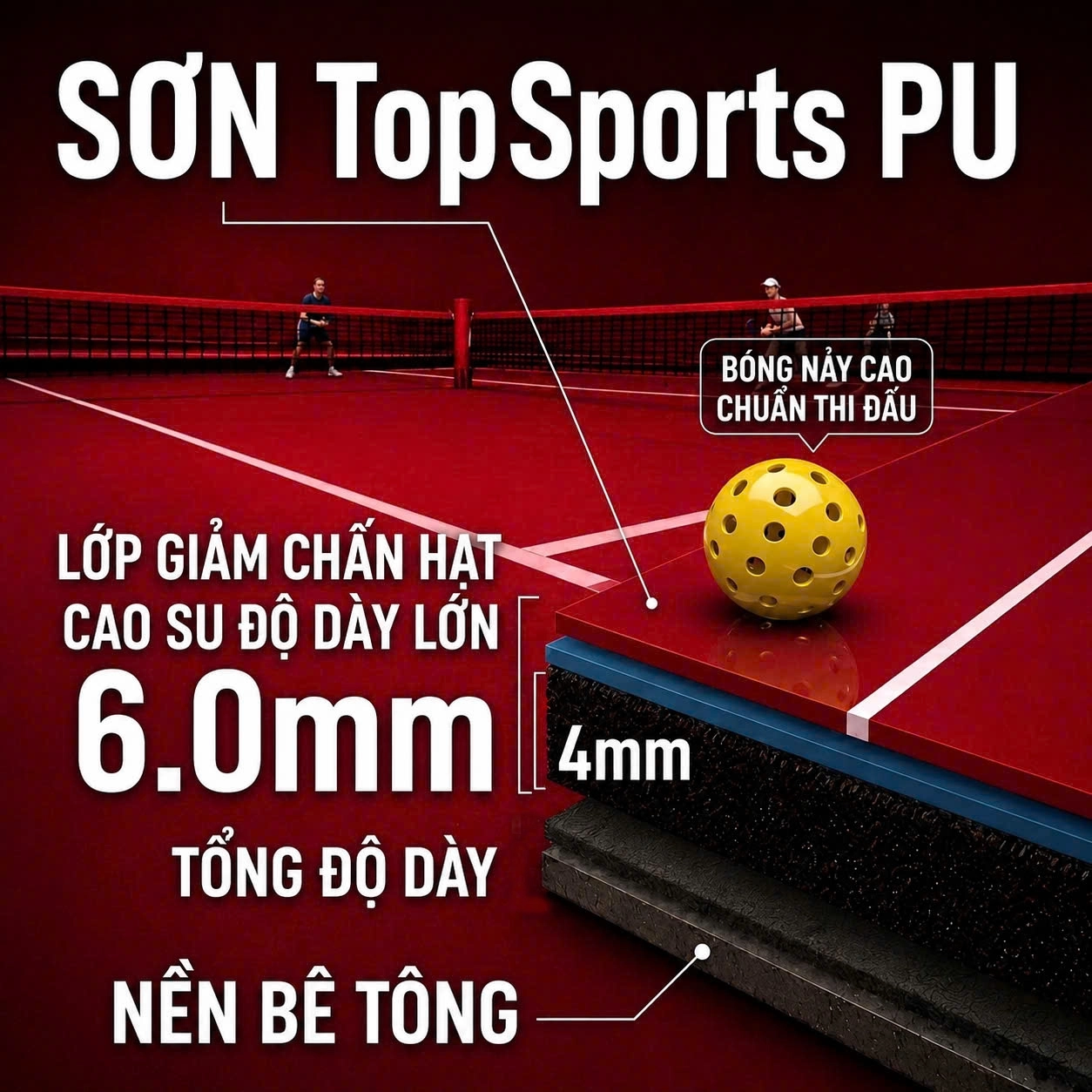 Thi công sân pickleball êm chân dày 6mm